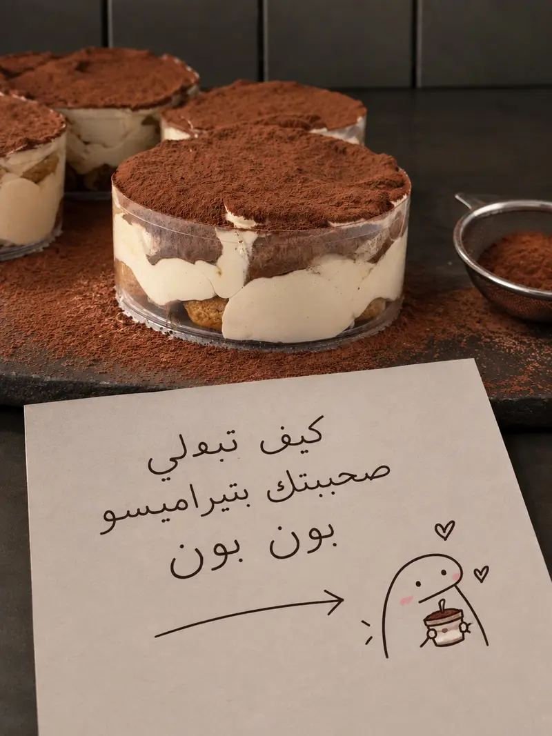 كاسات تيراميسو مع كرت مكتوب بخط اليد من بون بون